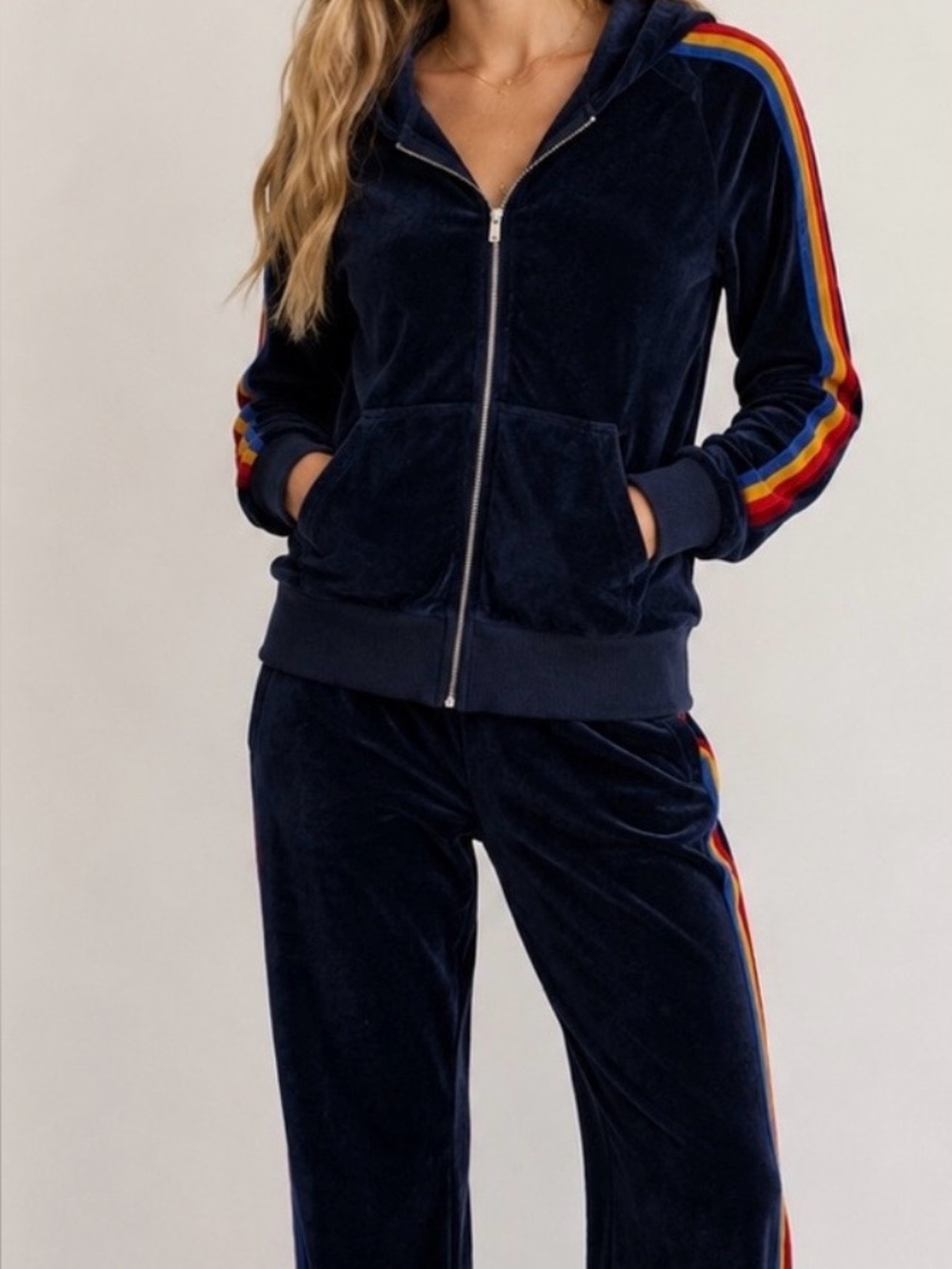 Vintage Velvet Navy Track Pants with Rainbow Side Stripe